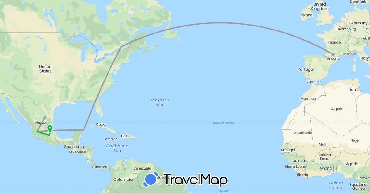 TravelMap itinerary: driving, bus, plane in Canada, France, Mexico (Europe, North America)